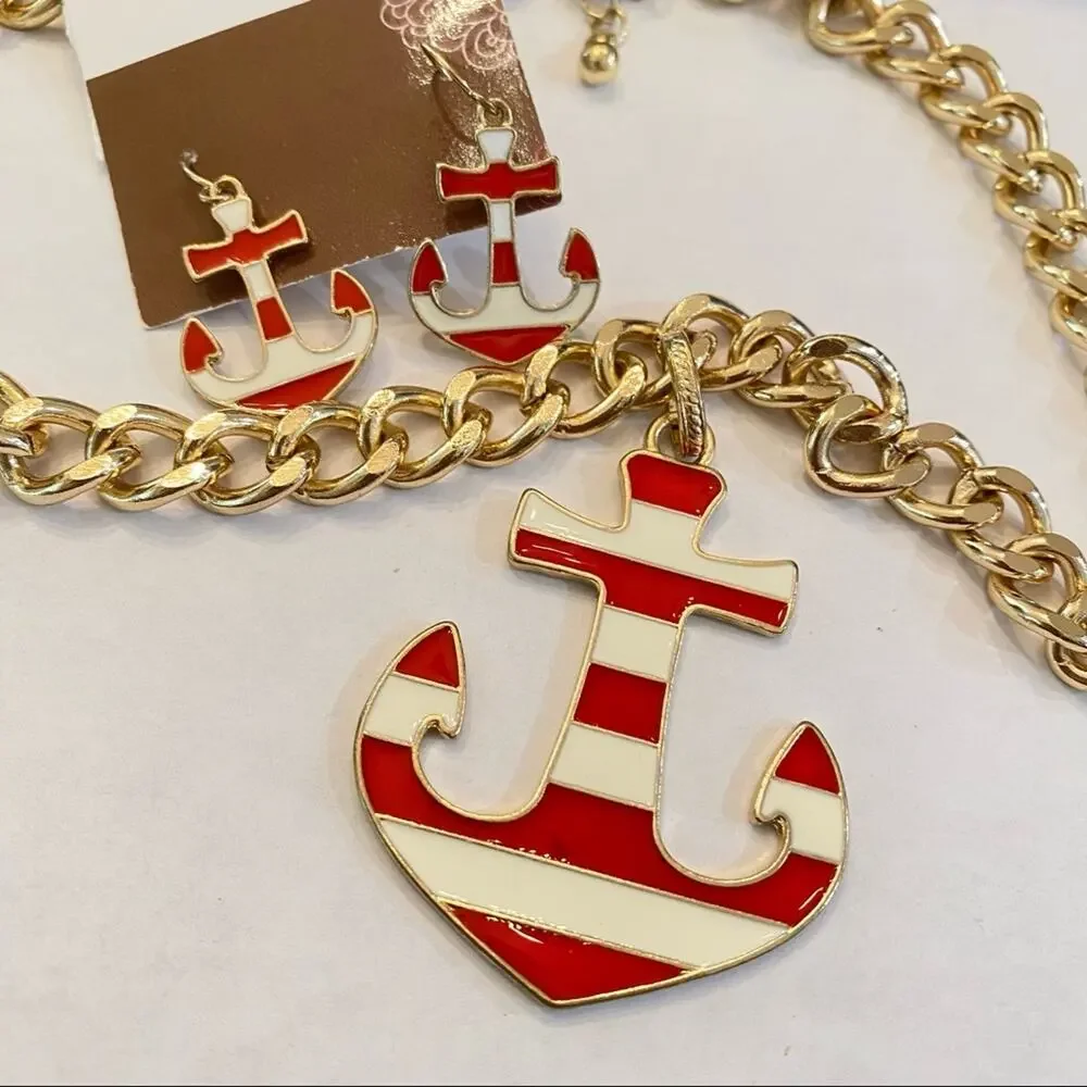 ANCHOR EARRINGS PENDANT & NECKLACE Nautical Set MATCHING Set Coastal Grandma